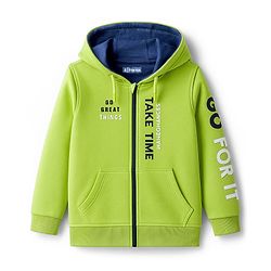 Pine Kids Cotton Knit Full Sleeves Hooded Sweatjacket With Text Print & Kangaroo Pockets - Limegreen