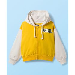 Pine Kids Cotton Knit Full Sleeves Hooded Sweatjacket With Cool Text Print - Yellow & White