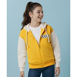 Pine Kids Cotton Knit Full Sleeves Hooded Sweatjacket With Cool Text Print - Yellow & White