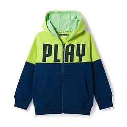 Pine Kids Knit Full Sleeves Hooded Sweatjacket with Play Text Print & Kangaroo Pockets - Navy Blue & Limegreen