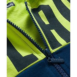 Pine Kids Knit Full Sleeves Hooded Sweatjacket with Play Text Print & Kangaroo Pockets - Navy Blue & Limegreen