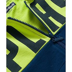 Pine Kids Knit Full Sleeves Hooded Sweatjacket with Play Text Print & Kangaroo Pockets - Navy Blue & Limegreen