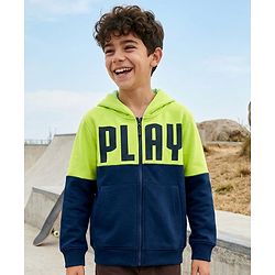 Pine Kids Knit Full Sleeves Hooded Sweatjacket with Play Text Print & Kangaroo Pockets - Navy Blue & Limegreen