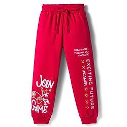 Pine Kids Cotton Knit Full Length Lounge Pant With Text Print - Red
