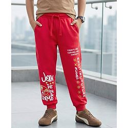 Pine Kids Cotton Knit Full Length Lounge Pant With Text Print - Red