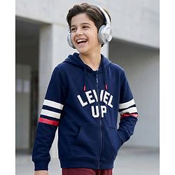 Pine Kids Cotton Knit Full Sleeves Hooded Sweatshirt with Text Patch Detailing - Navy Blue