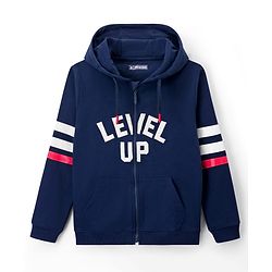 Pine Kids Cotton Knit Full Sleeves Hooded Sweatshirt with Text Patch Detailing - Navy Blue