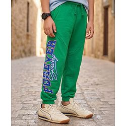 Pine Kids Terry Knit Full Length Lounge Pant With Text print - Green