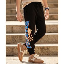 Pine Kids Terry Knit Full Length Lounge Pant With Text Print - Black