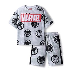 Pine Kids Marvel Single Jersey Knit Half Sleeves T-Shirt & Short Set With Avengers Graphics - Light Grey