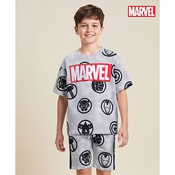 Pine Kids Marvel Single Jersey Knit Half Sleeves T-Shirt & Short Set With Avengers Graphics - Light Grey