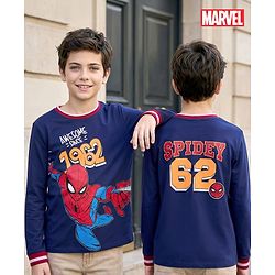 Pine Kids Marvel Terry Knit Full Sleeves T-Shirt with Spider Man Front & Back Graphic - Navy Blue