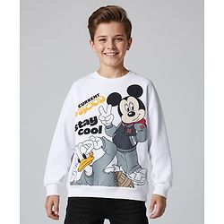 Pine Kids Disney Terry Knit Full Sleeves Sweatshirt With Front & Back Mickey & Friends Graphics - White