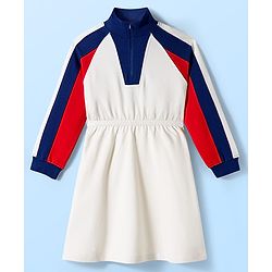 Pine Kids Cotton Knit Full Raglan Sleeves High Neck Winter Frock with Tape Detailing - White