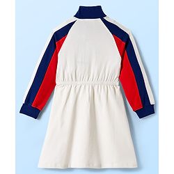 Pine Kids Cotton Knit Full Raglan Sleeves High Neck Winter Frock with Tape Detailing - White