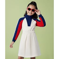 Pine Kids Cotton Knit Full Raglan Sleeves High Neck Winter Frock with Tape Detailing - White