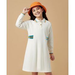 Pine Kids Cotton Knit Full Raglan Sleeves Winter Frock - Marshmallow White