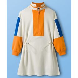 Pine Kids Cotton Knit Full Drop Shoulder Sleeves Winter Frock with Color Block Design - Marshmallow White & Yellow