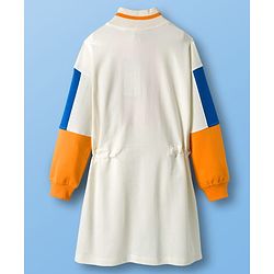 Pine Kids Cotton Knit Full Drop Shoulder Sleeves Winter Frock with Color Block Design - Marshmallow White & Yellow