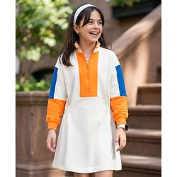 Pine Kids Cotton Knit Full Drop Shoulder Sleeves Winter Frock with Color Block Design - Marshmallow White & Yellow