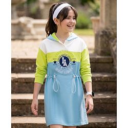 Pine Kids Cotton Knit Full Sleeves Cut & Sew Hooded Winter Frock with Text Embroidery - Aqua Blue & Limegreen
