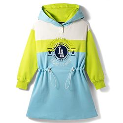 Pine Kids Cotton Knit Full Sleeves Cut & Sew Hooded Winter Frock with Text Embroidery - Aqua Blue & Limegreen