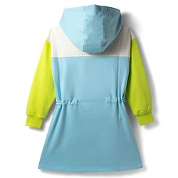 Pine Kids Cotton Knit Full Sleeves Cut & Sew Hooded Winter Frock with Text Embroidery - Aqua Blue & Limegreen