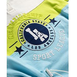 Pine Kids Cotton Knit Full Sleeves Cut & Sew Hooded Winter Frock with Text Embroidery - Aqua Blue & Limegreen