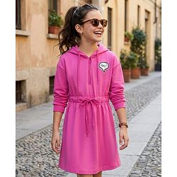Pine Kids Cotton Knit Full Sleeves Sweatshirt Dress With Text Print - Dark Pink