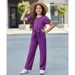 Pine Kids Cotton Knit Half Sleeves Solid Jumpsuit With Belt - Purple