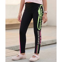 Pine Kids Cotton Lycra Knit Full Length Leggings With Text Print - Black