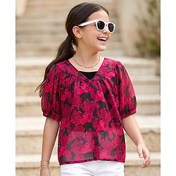 Pine Kids Half Sleeves Woven Top and Inner T-Shirt With Floral Print - Dark Pink & Black