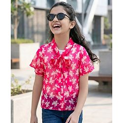 Pine Kids Woven Half Sleeves Top & Inner Tee with Floral Print  and Bow Tie Up - Pink