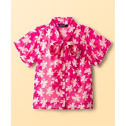 Pine Kids Woven Half Sleeves Top & Inner Tee with Floral Print  and Bow Tie Up - Pink
