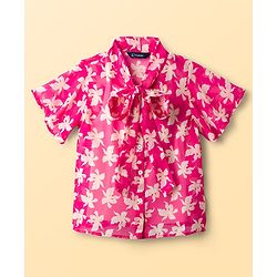 Pine Kids Woven Half Sleeves Top & Inner Tee with Floral Print  and Bow Tie Up - Pink
