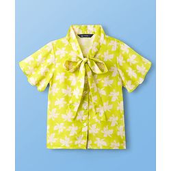 Pine Kids Woven Half Sleeves Top & Inner Tee with Floral Print and Bow Tie Up - Limegreen