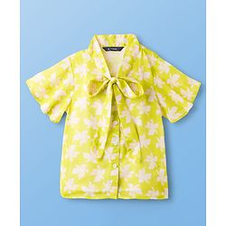 Pine Kids Woven Half Sleeves Top & Inner Tee with Floral Print and Bow Tie Up - Limegreen