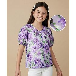 Pine Kids Half Sleeves Woven Top and Inner T-Shirt With Floral Print - Purple & White