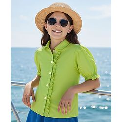 Pine Kids Poplin Woven Half Puffed Sleeves Shirt Style Top with Frill Detailing - Limegreean