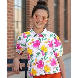 Pine Kids Cotton Knit Half Sleeves Shirt Top with Floral Print - White