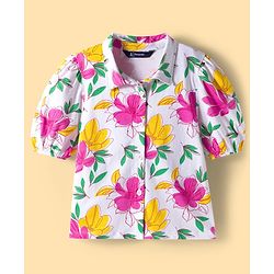Pine Kids Cotton Knit Half Sleeves Shirt Top with Floral Print - White