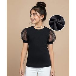 Pine Kids Cotton Knit Half Puffed Sleeves Solid Color Top - Black