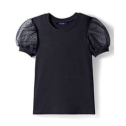 Pine Kids Cotton Knit Half Puffed Sleeves Solid Color Top - Black