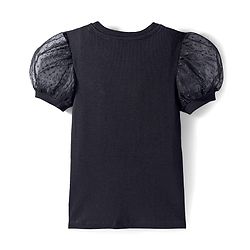 Pine Kids Cotton Knit Half Puffed Sleeves Solid Color Top - Black
