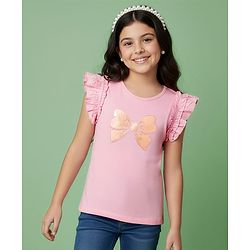 Pine Kids Cotton Knit Frill Sleeves Top With Butterfly Embriodery - Pink