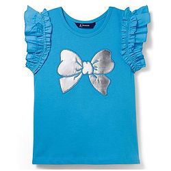 Pine Kids Cotton Knit Frill Sleeves Top With Bow Print - Light Blue