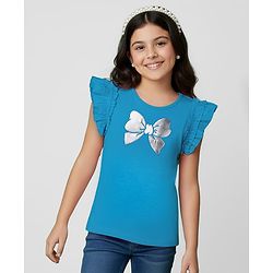 Pine Kids Cotton Knit Frill Sleeves Top With Bow Print - Light Blue