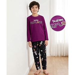 Pine Kids Single Jersey Knit Full Sleeves With Bed Time Explore Text Print - Purple