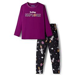 Pine Kids Single Jersey Knit Full Sleeves With Bed Time Explore Text Print - Purple