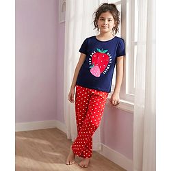 Pine Kids Single Jersey Knit Half Sleeves Night Suit With Polka Dot Print - Navy Blue & Red